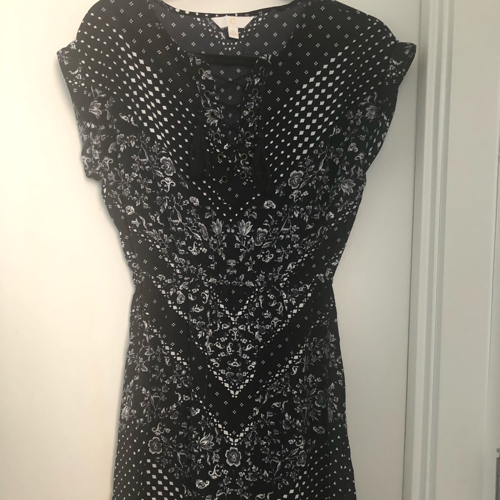 Folk pattern black and white dress with tassels
